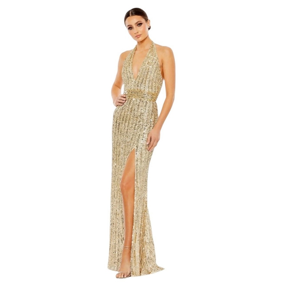 Mac Duggal 5759 Gold Sequined Halter Strap Trumpet Gown Size 16 $498